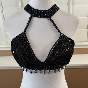Women’s Black Sequined Halter Bra Black Top Bralette Ravewear Festival Nightclub